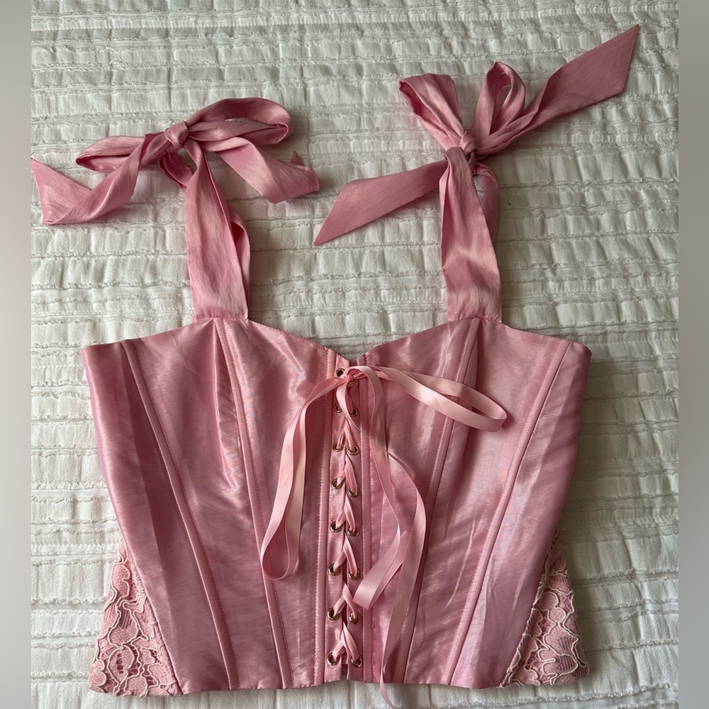 LoveShackFancy Azina Lace Front Tie Shoulder Bustier Top - Ballerina Pink